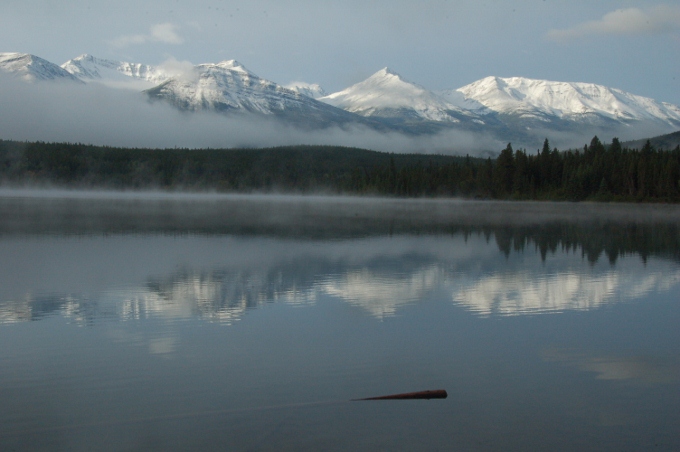 fog rising over the water on Pyramid Island